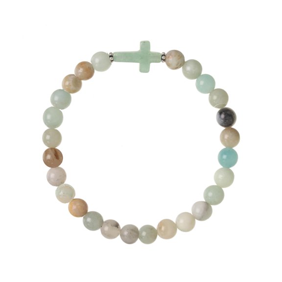 LTC Designs Round Amazonite Bracelet with a Green Aventurine Cross and Silver Accents, 6.5" for Adults