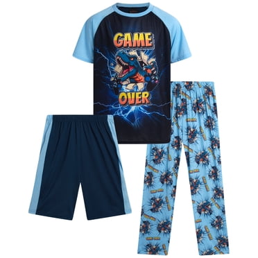 Quad Seven Boys' Pajama Set - 3 Piece Sleep Shirt, Pajama Pants, and Lounge Shorts (4-18)