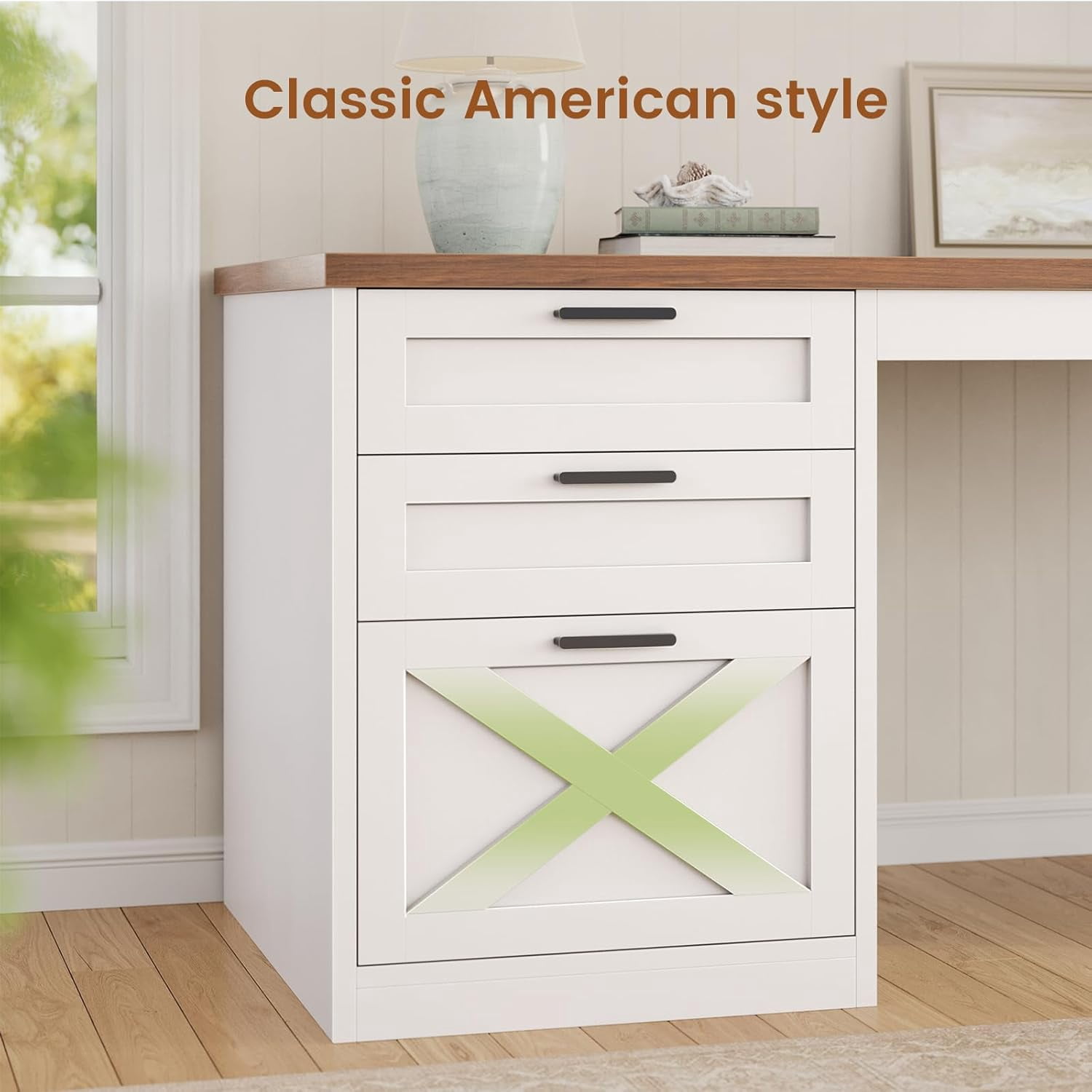 55.1" Farmhouse Desk with 3 Drawers & Open Shelves, Home Office Desk with Power Outlets & File Drawer, Wood Desk with Ample Storage, Computer Desk for Bedroom, White & Brown Top