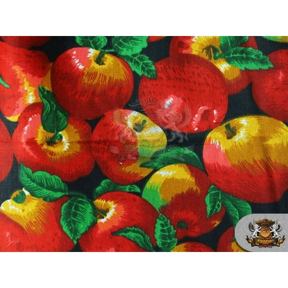 Polycotton Printed APPLE ALLOVER BLACK Fabric / 60" Wide / Sold by the Yard
