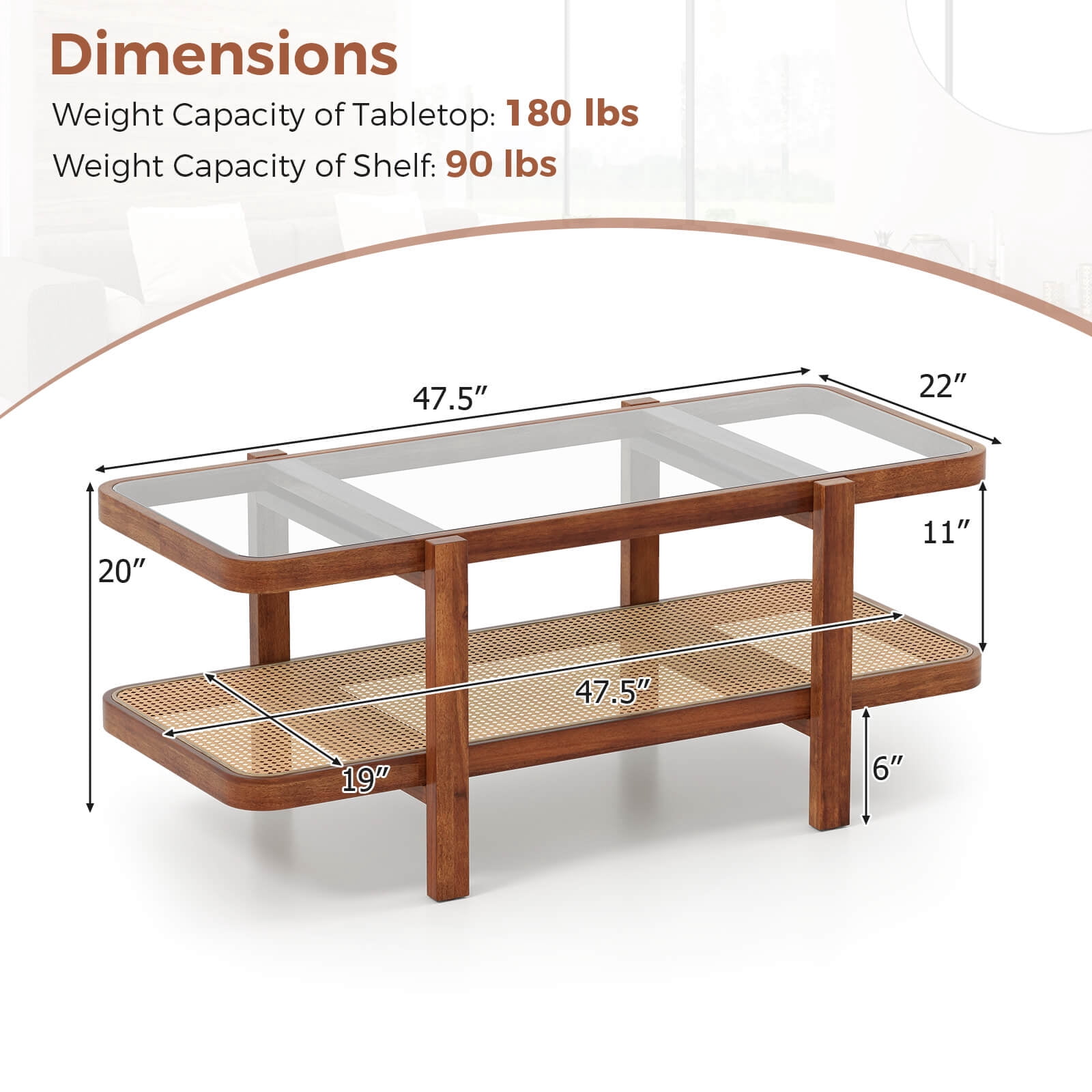 Costway 2-Tier Rustic Coffee Table with Storage Tempered Glass Tabletop PE Rattan Shelf Brown