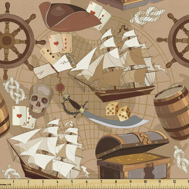 pirates fabric by the yard upholstery scroll old pirate treasure map pattern adventure stories concept decorative fabric for diy and home accents 10 yards pale brown white grey by ambesonne walmart com