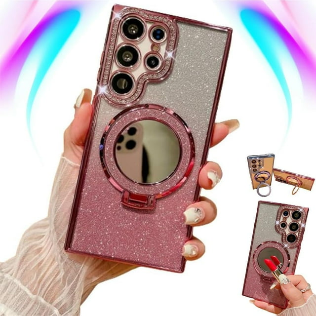 Transmitg para Samsung Glitter Rhinestones Funda magnética con soporte invisible y espejo cosmético, galvanizado 4 esquinas Airbag Anti-caída gradiente cubierta protector de lente de cámara (rosa, par