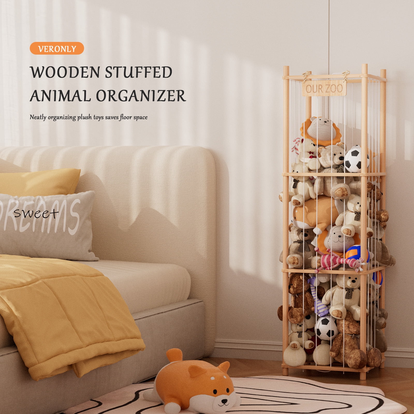 Stuffed Animal Storage Organizer, Wood Animals Zoo Toy Plushies Storage Holder, Large Capacity Plush Toy Cage for Playroom Organization, 15.7" Wide, Natural