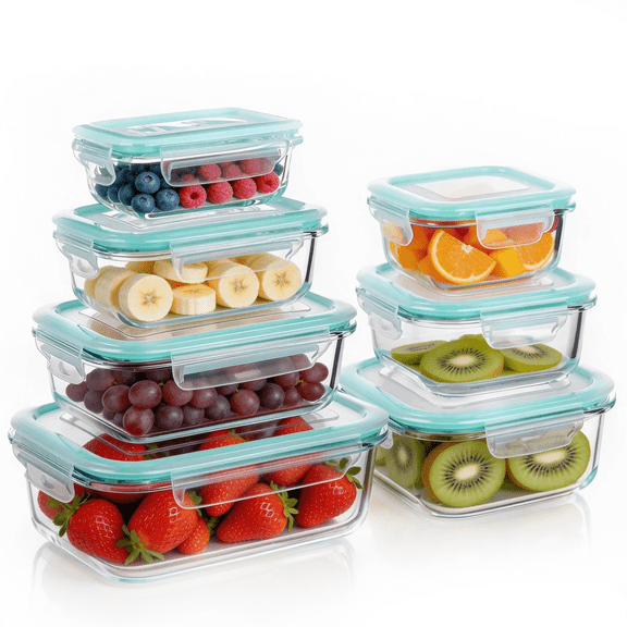 7 Pack Glass Food Storage Containers with Lids, Microwave Safe Meal Prep Containers, Glass Tupperware, Airtight Lunch Box Containers, Bento Box