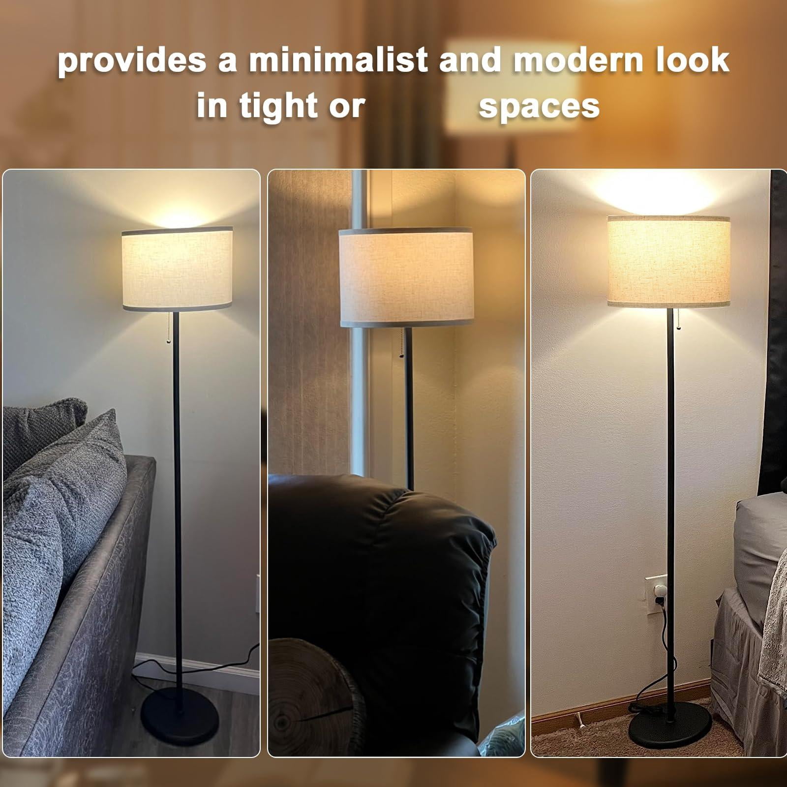 Modern Standing Floor Lamp For Living Room & Bedroom With 3 Color Temperatures Bulb Pull Chain  60" Tall Beige Shade Black Pole