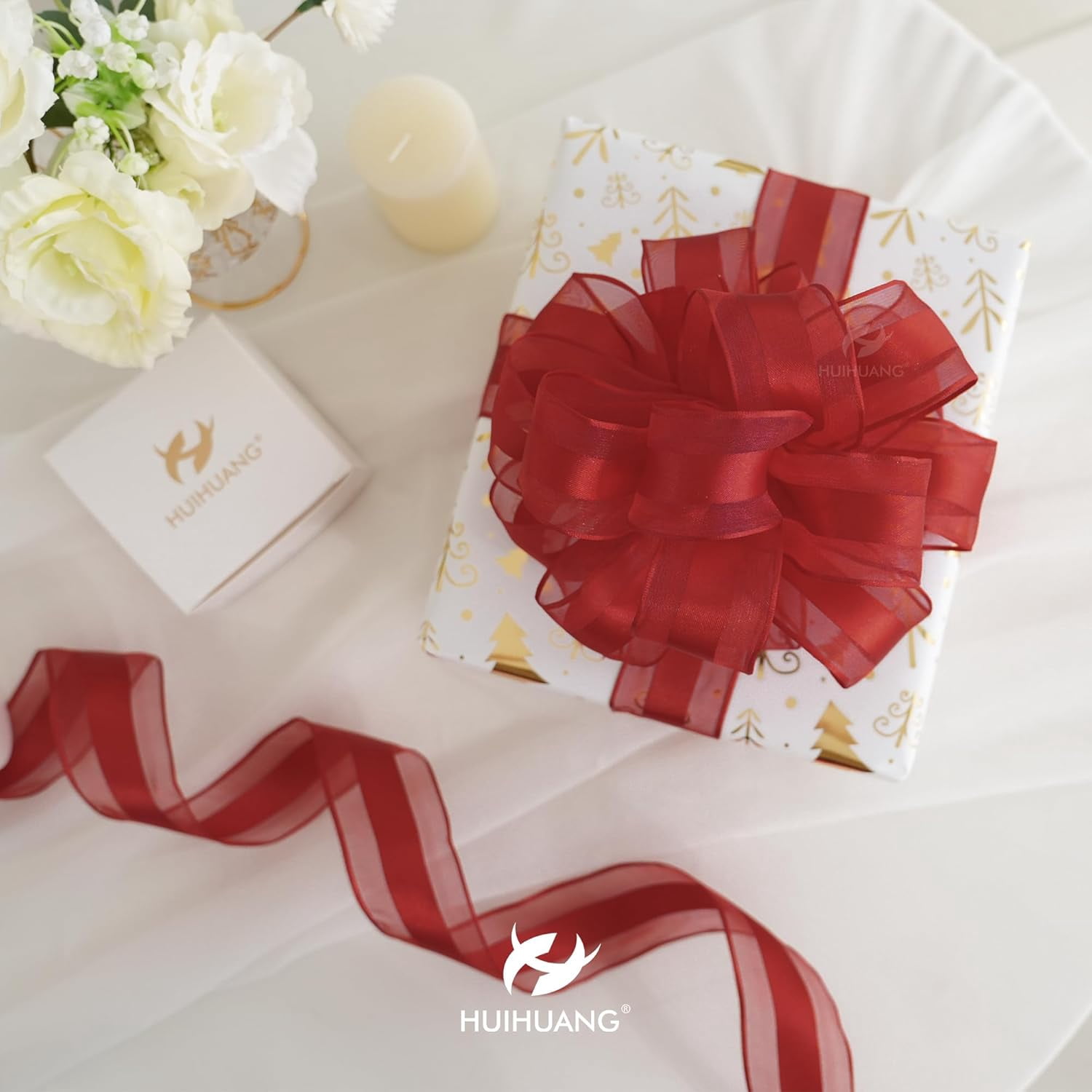 Red Sheer Wired Ribbon with Satin Stripe 1-1/2" Red Wired Ribbon for Christmas Tree, Bows Making, Wreaths, Garland, Gift Wrapping, Wedding Decorations-Continous 10 Yards