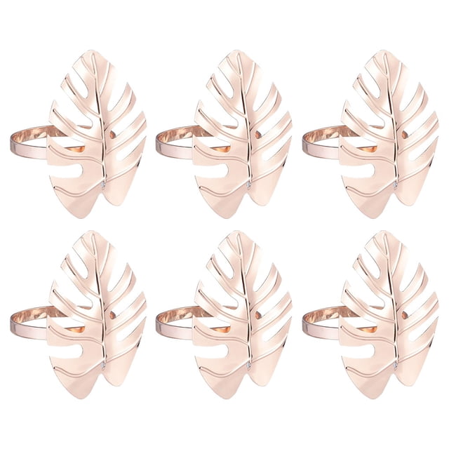Kearding Servilletero de 6 piezas, simulación de malla de cobre, forma de hoja chapada brillante, adorno para toallero de aniversario de boda Decoración del hogar Oro rosa