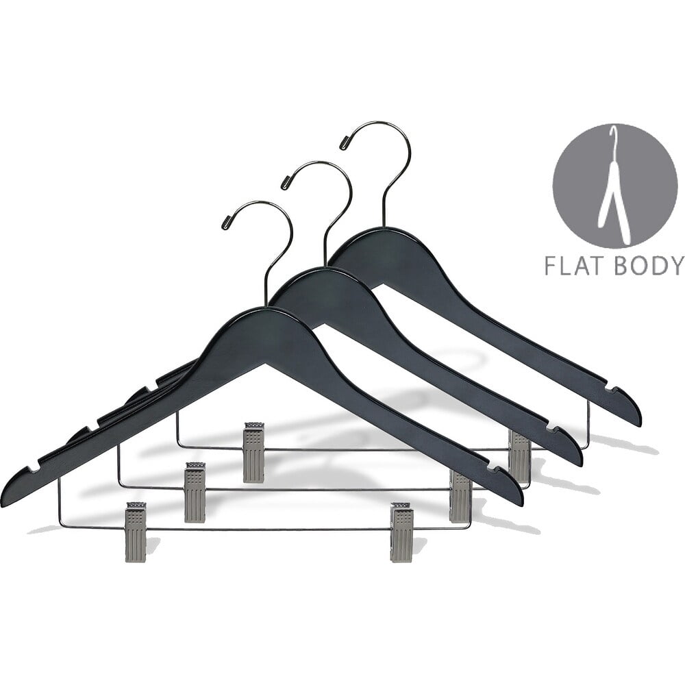 NTERNATIONAL HANGER, Rubber Coated Non-Slip Black Wood Combo Hanger for Tops or Bottoms, 50 Pack