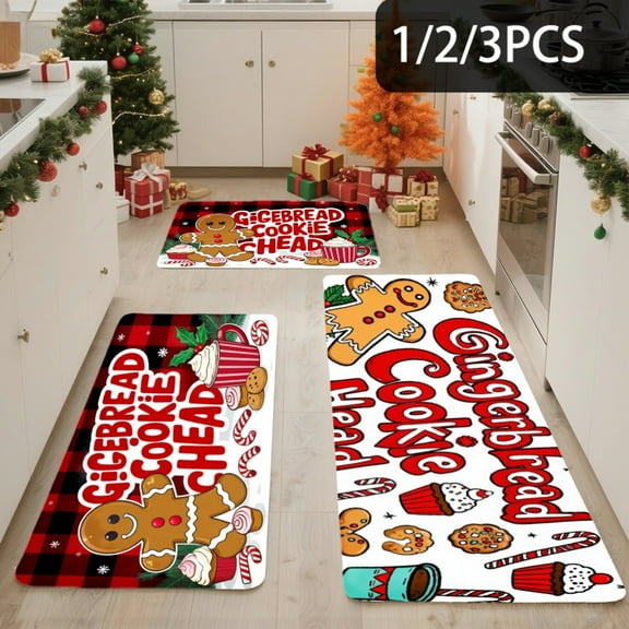 3PCS Kitchen Mat set, Welcome Door Flannel Rug,Home Decor for Front Door,Kitchen, Bathroom, Gingerbread Cookie Christmas Pattern Print Design ,Great Thanksgiving Day