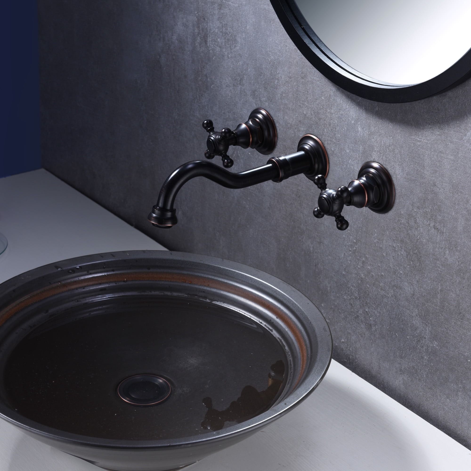 SUMERAIN Wall Mount Bathroom Sink Faucet Vintage Oil Rubbed Bronze 3 Holes 2 Cross Knobs Lavatory Basin Faucet, Rough-in Valve Included