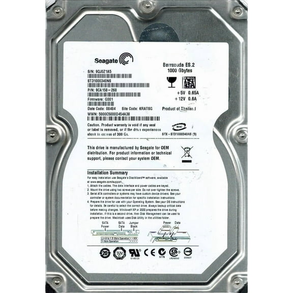 Seagate ST31000340NS P/N: 9CA158-268 F/W: G001 1TB KRATSG
