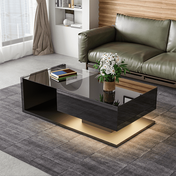 Modern Coffee Table with Tempered Glass,Wood Coffee Table with High-Gloss UV Surface,2-Tier Center Table with LED Light, for Living Room,Black