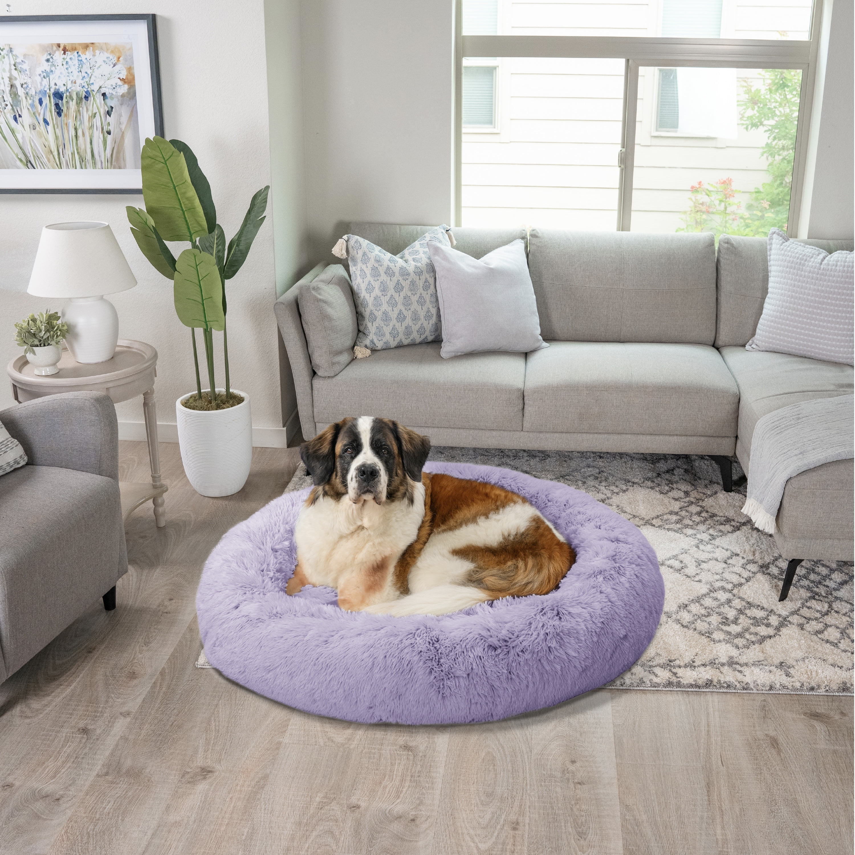 Best Friends by Sheri Original Calming Donut Dog and Cat Bed, Shag Faux Fur, Lavender, XL (45in x 45in) - Anxiety Relief for Pets Up to 150 lbs