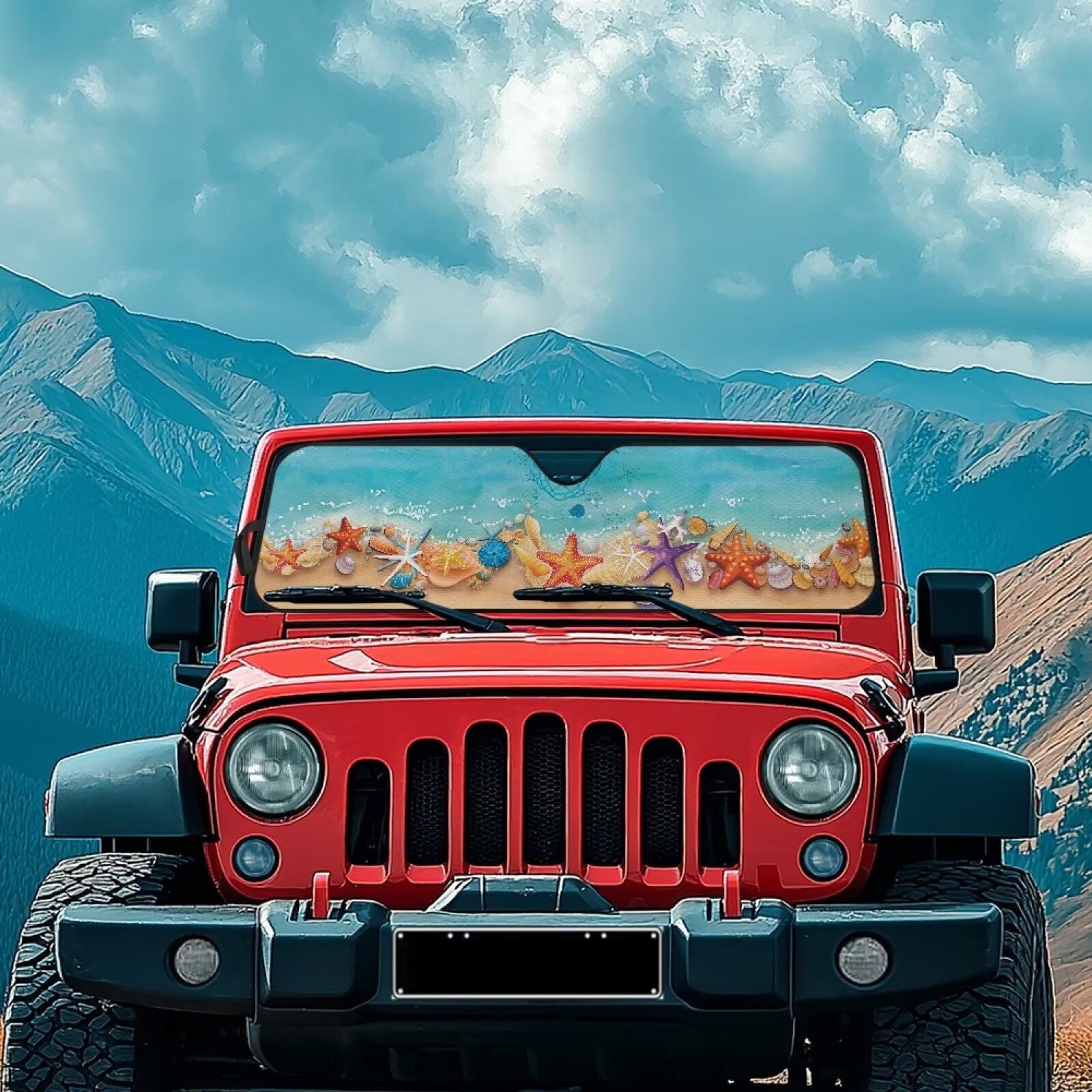 Binienty Beach Starfish Car Sun Shade Windshield for Jeep Gladiator JT 2020-2025 Jeep Gladiator JT 2020-2025 Heat Shield Sunshade Auto Sun Visor Heat Protection Automotive Interior Accessories