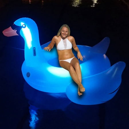 Swimline 75u0022 Giant LED Lighted Color Changing Swimming Pool 1-Person Ride-On Swan Float Lounger - Clear