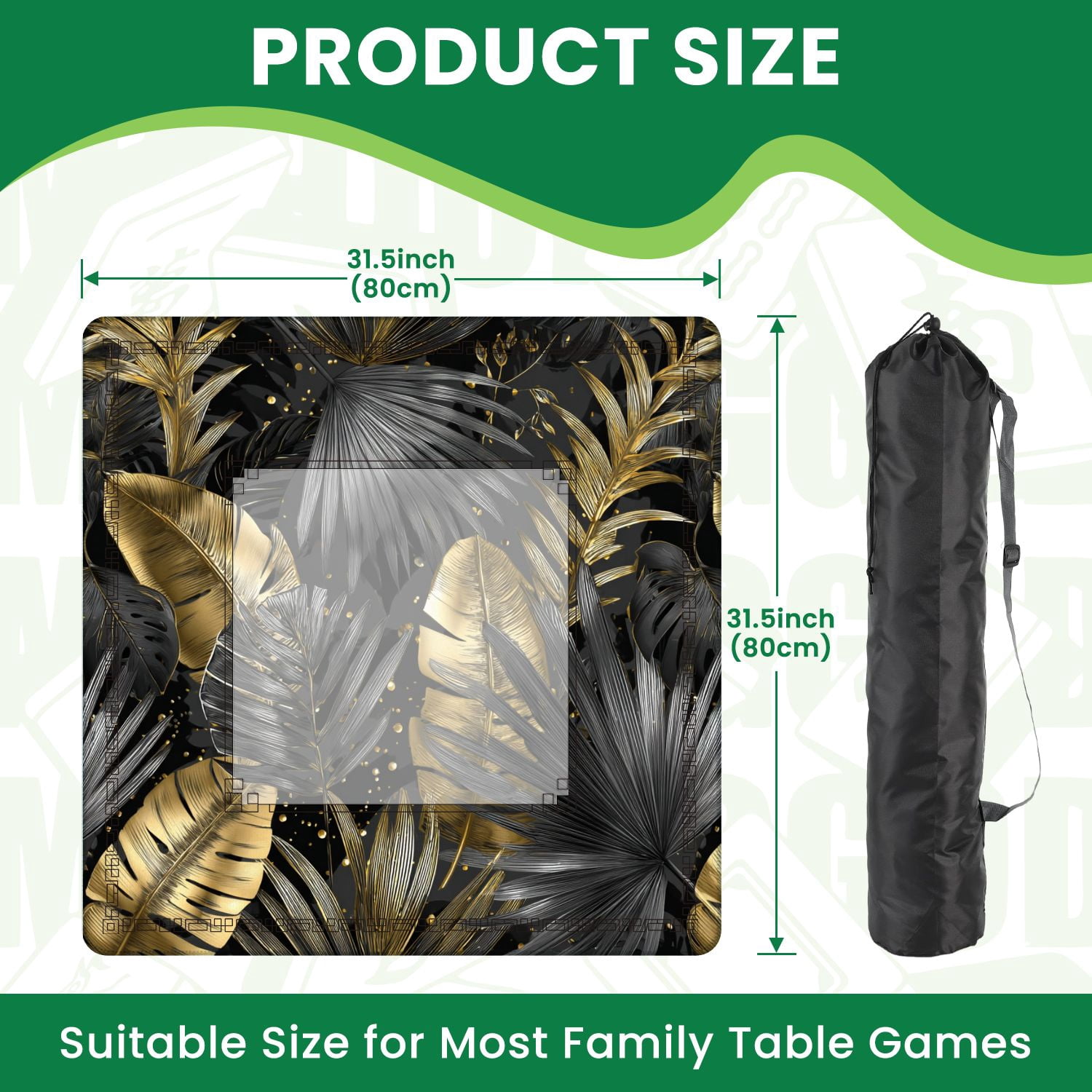 Mahjong Mat 31.5" x 31.5" Seamless tropical Leaves palm tree Gold gray Non-Slip Noise Reduction American Mahjong Tiles Table Cover for Dominoes Poker Card Board Games Gift
