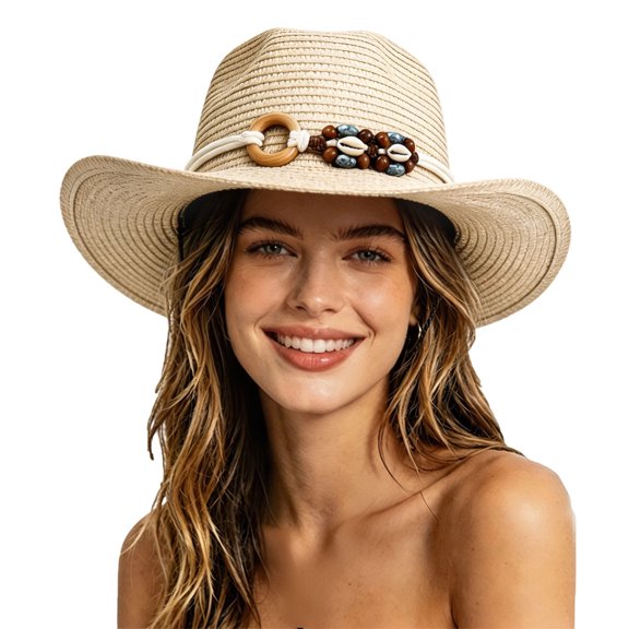 Women Wide Brim Woven Straw Sun Hat with Shell Bead Band, Lightweight Packable Beach Travel UV Protection Hat
