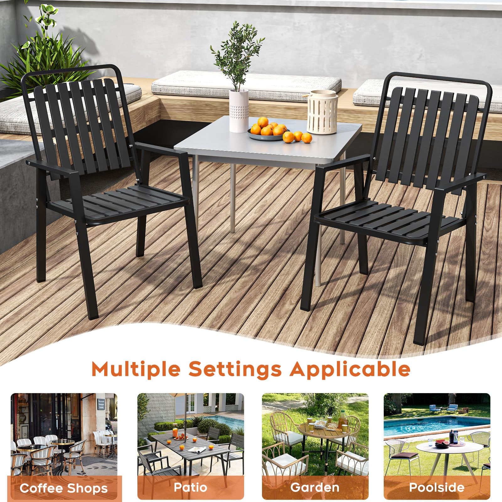 TQKVIPI Outdoor Patio Dining Chairs Set of 2, Outdoor Patio Chairs, Heavy Duty Metal Dining Chairs with Armrest for Balcony, Deck, Backyard, Lawn, Porch, Kitchen (Black)