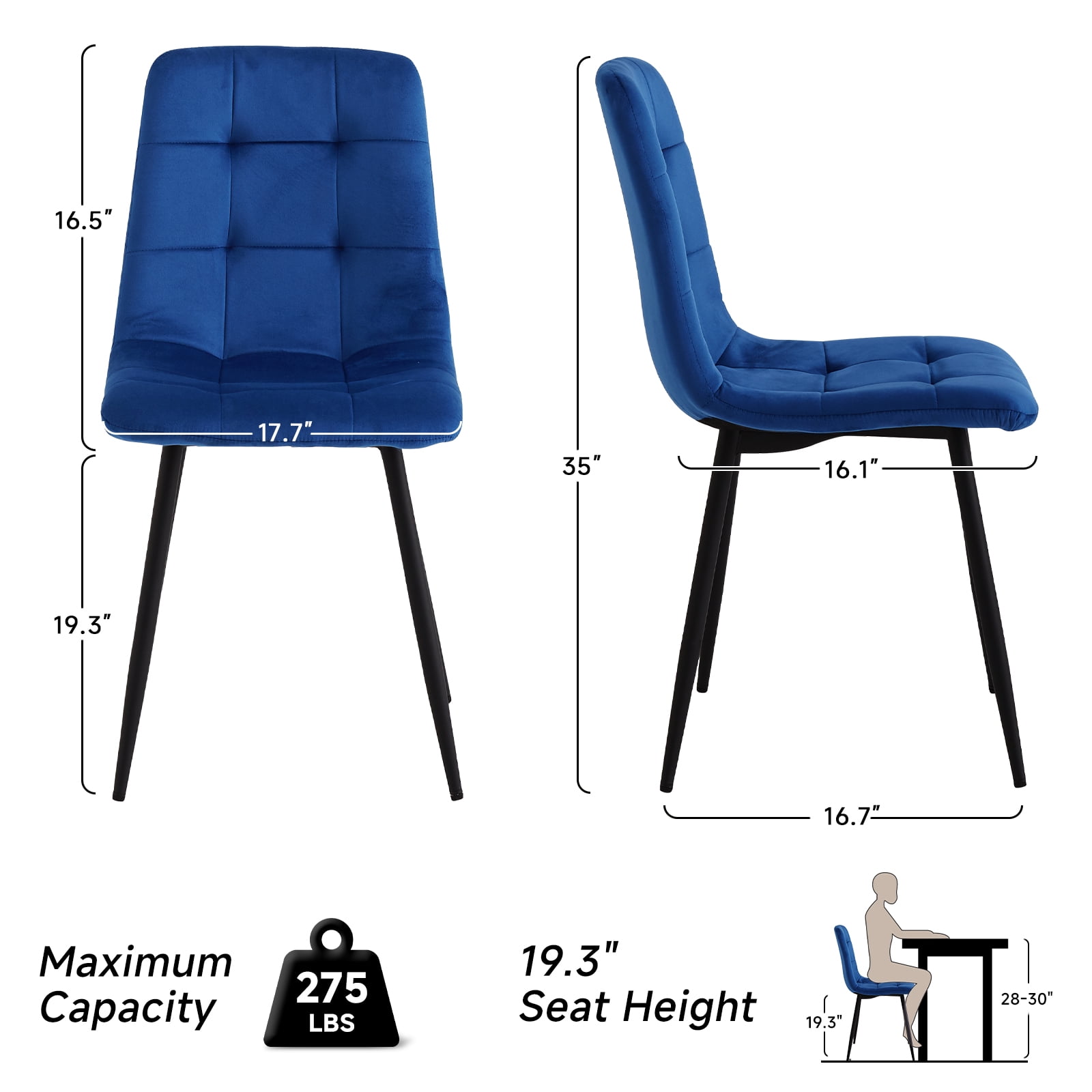 Set of 4 Velvet Dining Chairs - Mid Century Modern Dinning Chair, Upholstered Cushion Seat, Square-Patterned Backrest, Blue, Dinner Chairs with Metal Legs for Dining Living Room, Bedroom(Only Chairs)