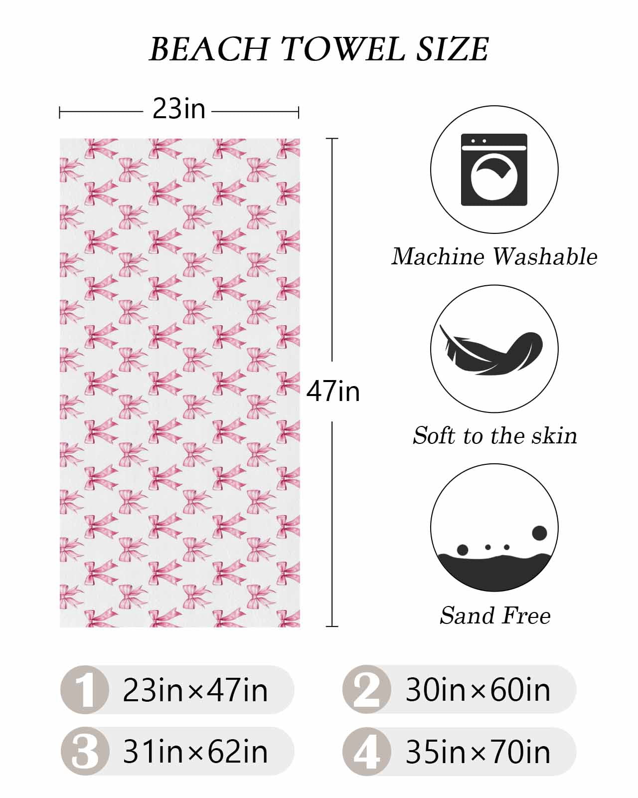 Cute Pink Bow Beach Towels Oversized Super Absorbent, White Sweet Modern Watercolor Lightweight Bath Towel Quick Dry Sets For Bathroom/Pool/Rv Camping/Beach Play/Gym Room/Picnic 23"x47"
