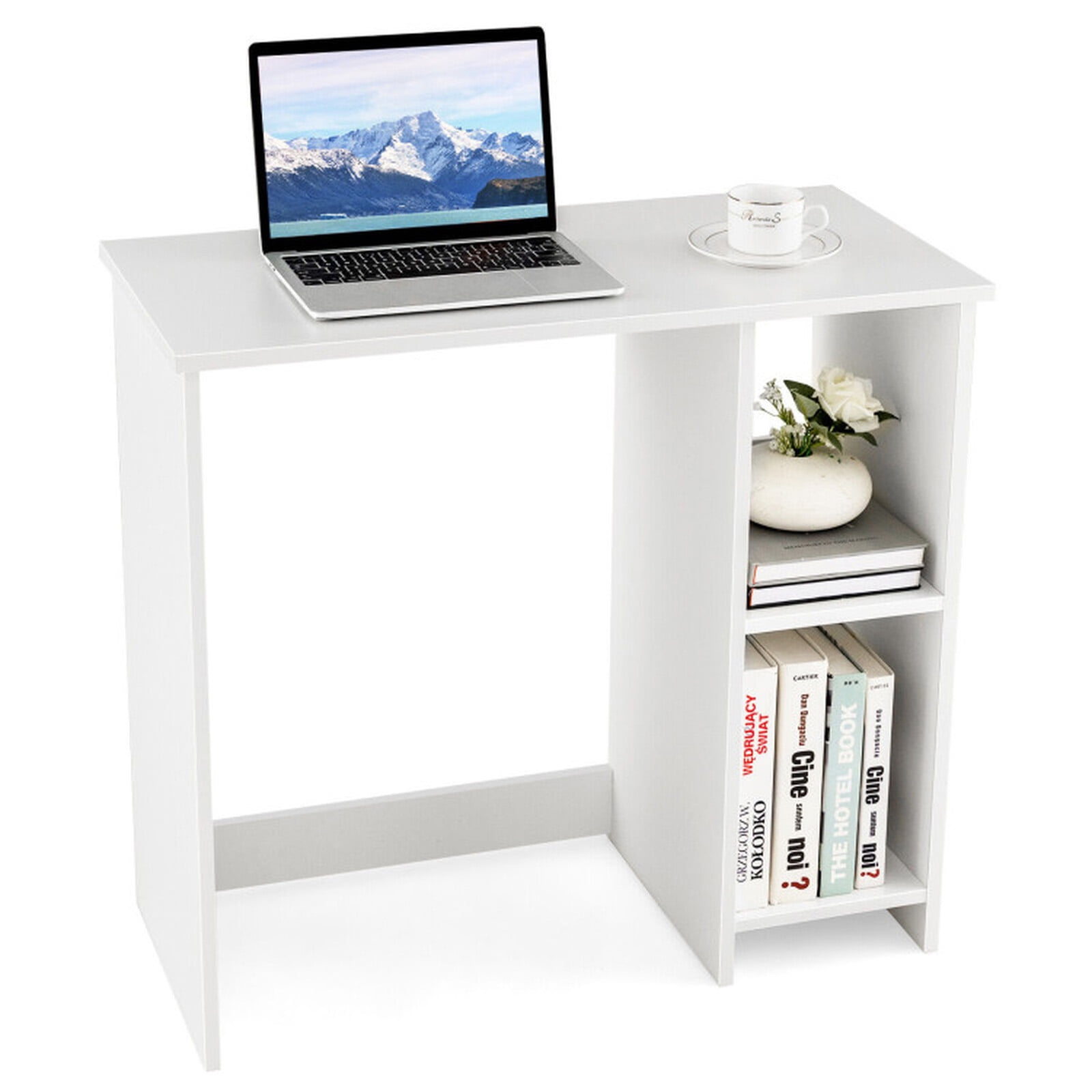 Furnibear 31.5 Inch Modern Home Office Desk with 2 Compartments Compact Engineered Wood Writing Computer Desk for Small Spaces White
