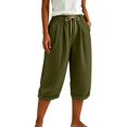thumbnail image 2 of Capri Pants for Women Linen Wide Leg Loose Fit with Drawstring Elastic Waist Casual Summer Cuffed Pants with Pockets, M, 2 of 6