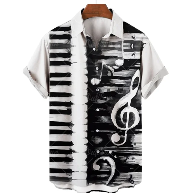 Men's Hawaiian Shirt One Button Shirt Cartoon Musical Instrument Pattern Oversize 3d Printing Loose Short Sleeve Beach Tops