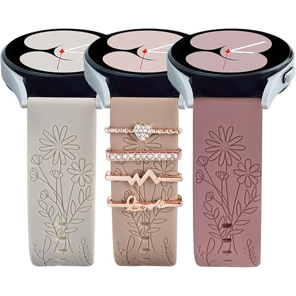 Bands for Samsung Galaxy Watch 7/6/5/4/FE Band 40mm 44mm with Charms, 20mm Women Flower Engraved Silicone Replacement Strap for Galaxy Watch 5 Pro/Watch 3/Galaxy Active 2/Watch 4 Classic