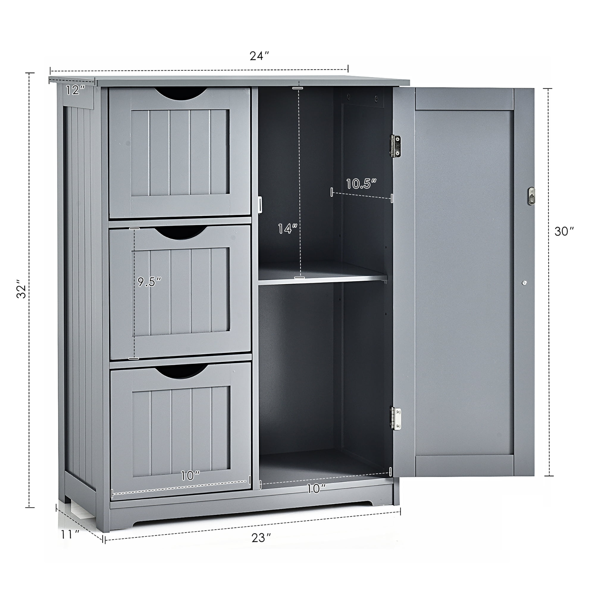 Costway Bathroom Floor Cabinet Side Storage Cabinet with 3 Drawers and 1  Cupboard Black