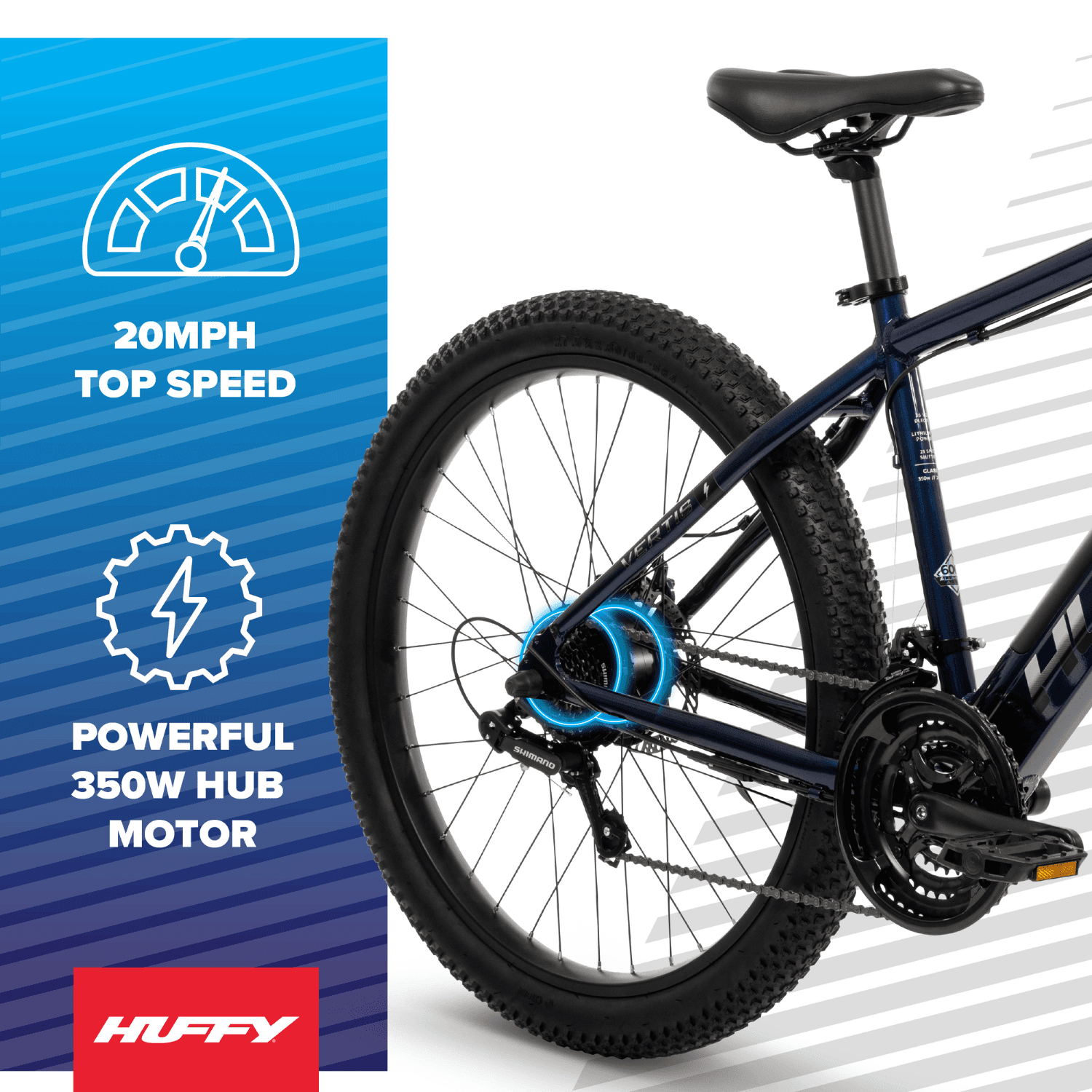 Huffy 27.5" Vertis Electric Mountain Bike, Fits Riders 60"+, Blue, Adult, Unisex