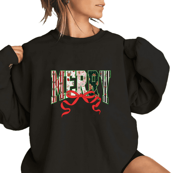 Merry Christmas Coquette Bow Sweatshirts Christmas Theme Print Tops Family Matching Christmas Shirts Long Sleeve Pullover for Holiday Black,M