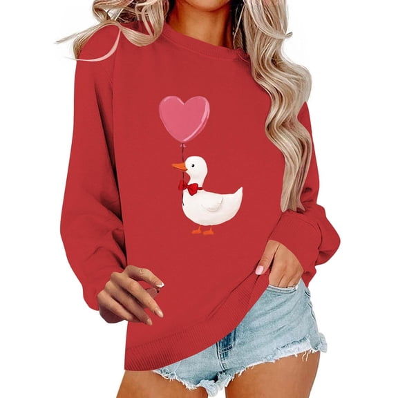 Cute Duck Sweatshirt for Women Valentines Day Heart Balloon Graphic Pullover Long Sleeve Crewneck Tops Animal Print Casual Tees