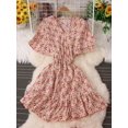 thumbnail image 2 of One SizeWomen Summer Dress Temperament V-neck Floral New High-waisted Slim Sweet Small Ruffle Sleeve A-line Short Dress D2991 yaoshenbao LED, 2 of 2