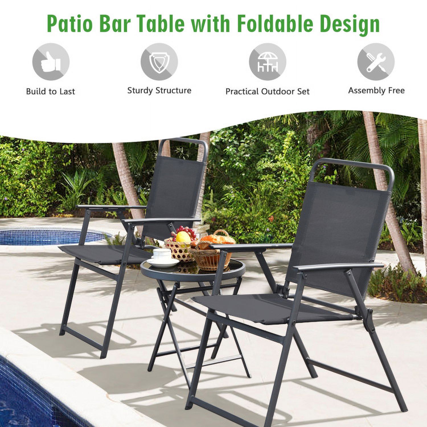 Aimee Lii 3 Piece Patio Furniture Set with Tempered Glass Round Table, Outdoor Patio Sectional Furniture Set, Gray