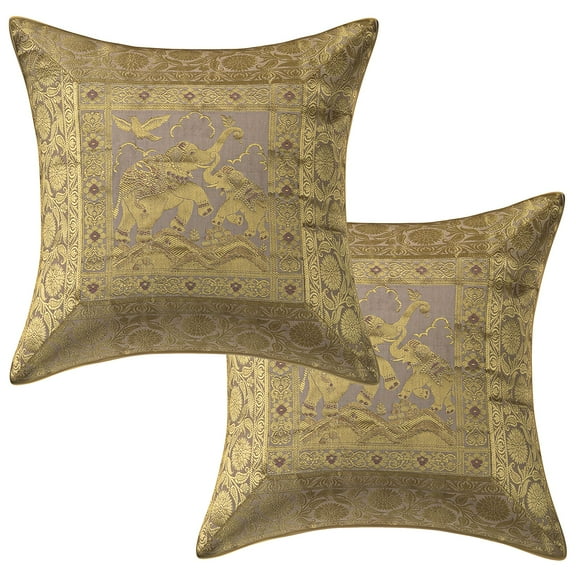 Stylo Culture Indian Sofa Throw Pillow Covers Floral 16 x 16 Jacquard Cream Square 40x40 cm Home Decor Brocade Elephant Zippered Cushion Covers | Set Of 2