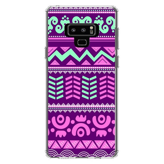DistinctInk Clear Shockproof Hybrid Case for Samsung Galaxy Note 9 - TPU Bumper, Acrylic Back, Tempered Glass Screen Protector - Pink Green Aztec Tribal