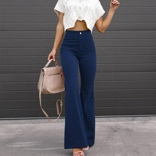Pantalones casuales de pana con microcampana y cintura ajustada de color sólido para mujer de otoño e invierno