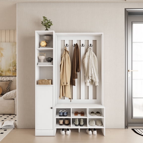 RichYa 65"H Hall Tree with Bench & Shoe Storage,Freestanding Coat Rack with Narrow Cabinets for Entryway, Living Room, White(D)