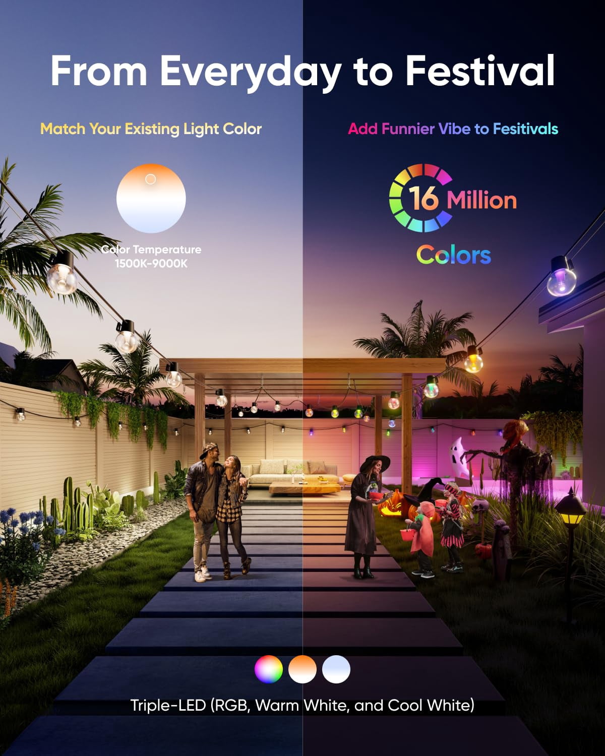 eufy Outdoor String Lights E10, 96ft with 30 Smart RGBWW LED Bulbs, Endless AI Light Themes for Holidays, Party, IP65 Waterproof for Patio