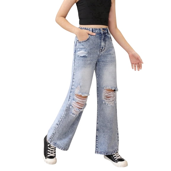 OYYN Girls High Waisted Baggy Jeans Wash Distressed Ripped Wide Leg Denim Pants for Kids Streetwear & School