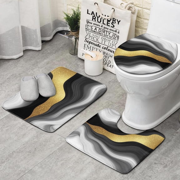 Black Marble Gold Wave Pattern Bathroom Rugs Sets 3 Piece,Toilet Cover Set,Absorbent Non Slip Bathroom Mats Sets with U-Shaped Contour Rug Toilet Rug Set