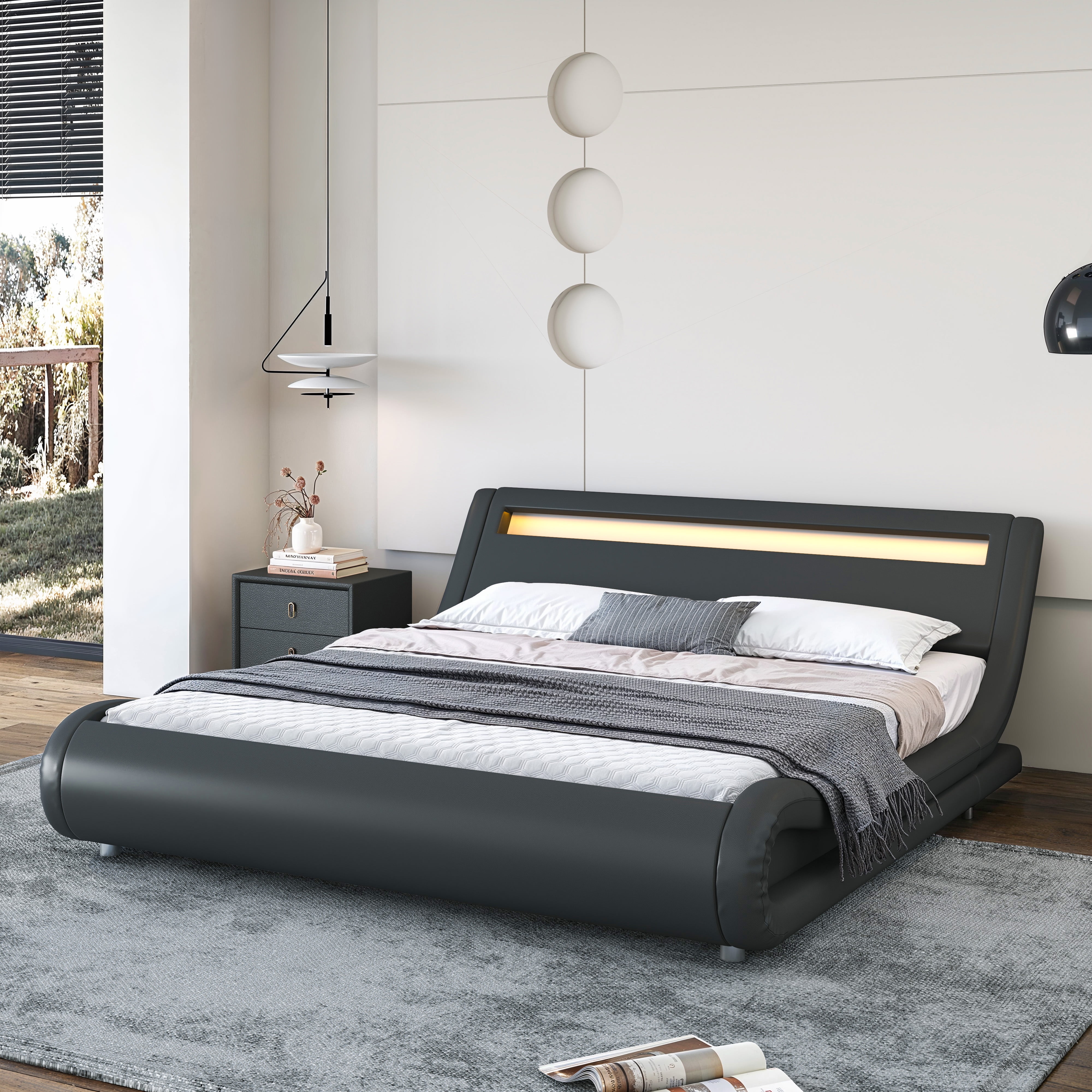 Sha Cerlin King Size Wave-Like Curve PU Leather Platform Bed Frame with Adjustable Headboard and LED Lights, Dark Grey