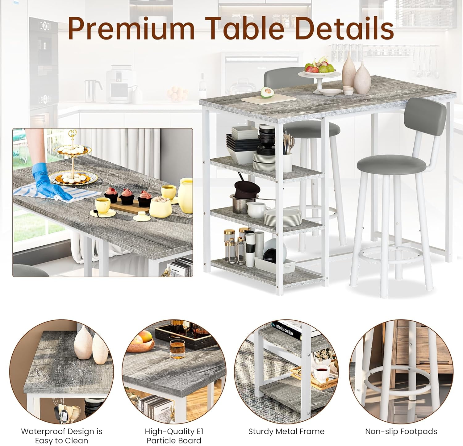 LinkRomat Dining Table Set for 2,3 Piece Pub Table and Chairs Set with Storage Shelves, Small Space Bistro Kitchen & Bar Tables, Counter Height Dining Set, Gray