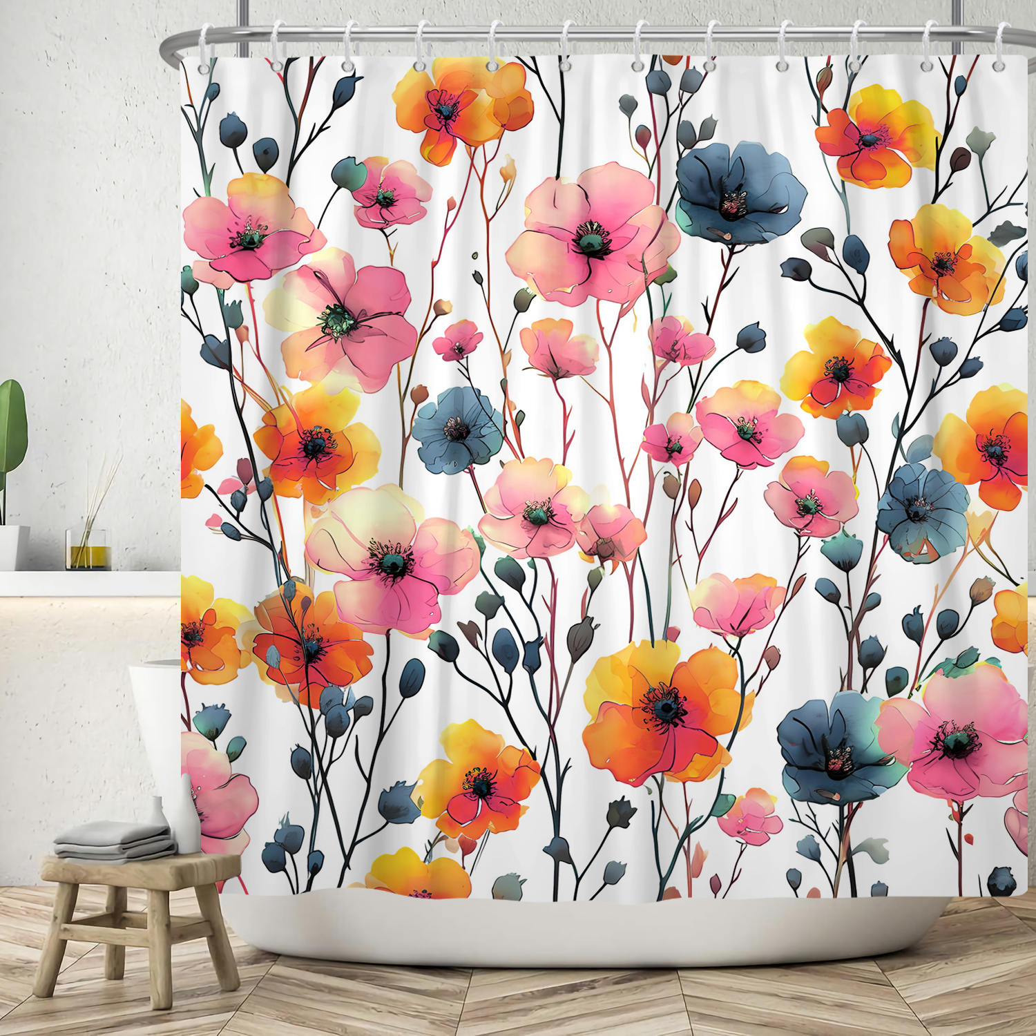MIZHONA Pink Floral Shower Curtain Spring Watercolor Wildflowers Waterproof Bathroom Decorative 72"X72"