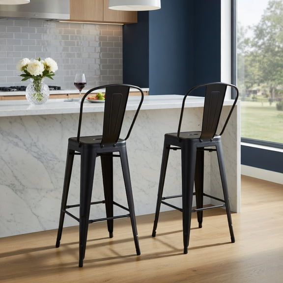 Resenkos 30 Inch Height Set of 4 High Back Metal Industrial Bar Stools-Black, Bar Height Stools, Bar Stools for Kitchen Island for Kitchen, Dining Room
