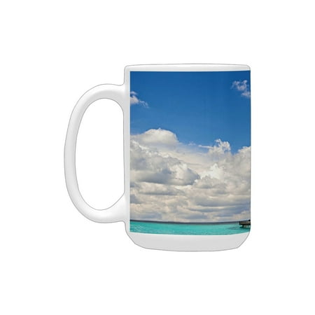 

Tropical Exotic Seascape Sunny Summer Day in Tranquil Island Maldives Vacation Picture Turquoise Blu Ceramic Mug (15 OZ) (Made In USA)