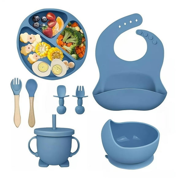 Platos De Silicona Babe Azul con Ventosas y Babero Ajustable para Bebés
