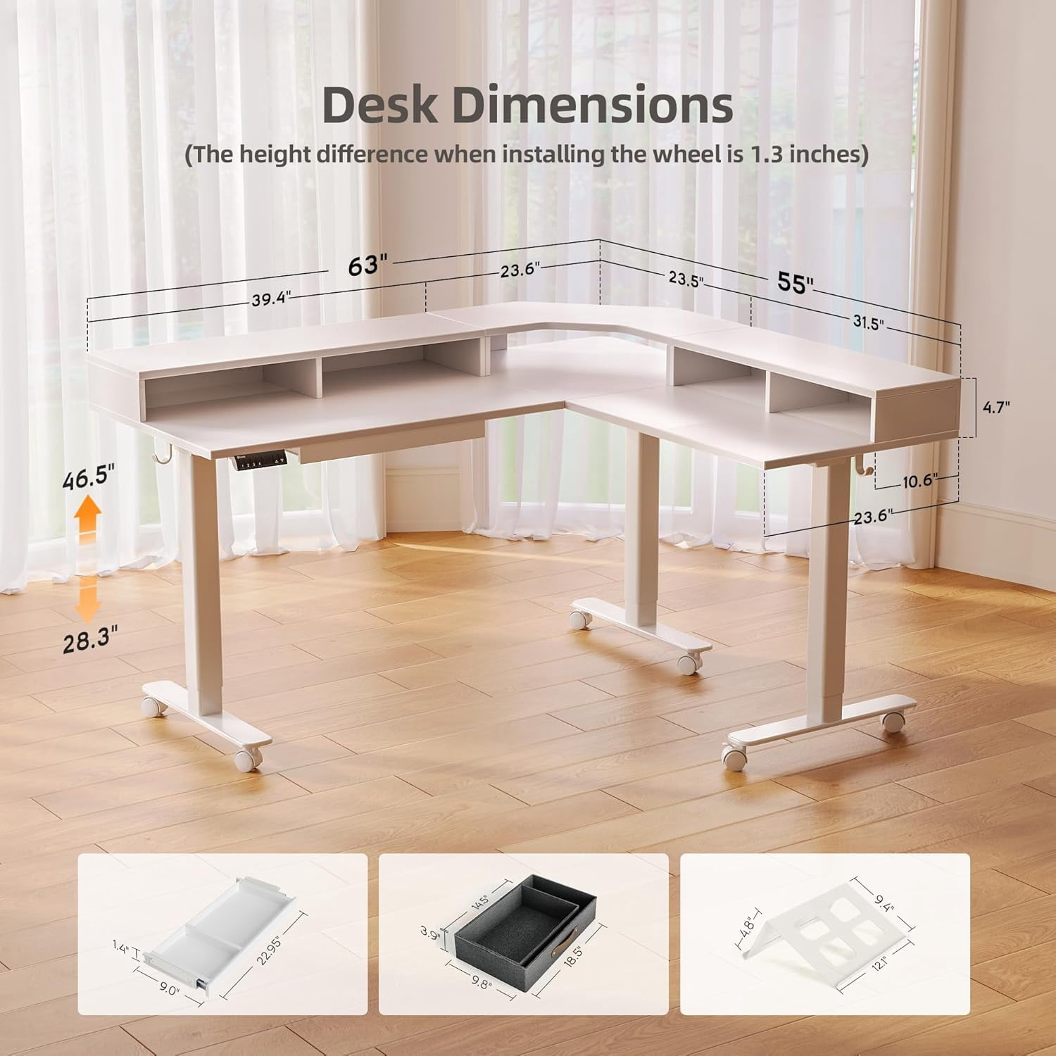 Claiks Dual Motor 63" L Shaped Standing Desk with Drawers, Electric Height Adjustable Standing Desk with Monitor Stand & Splice Board, White Frame/White Top
