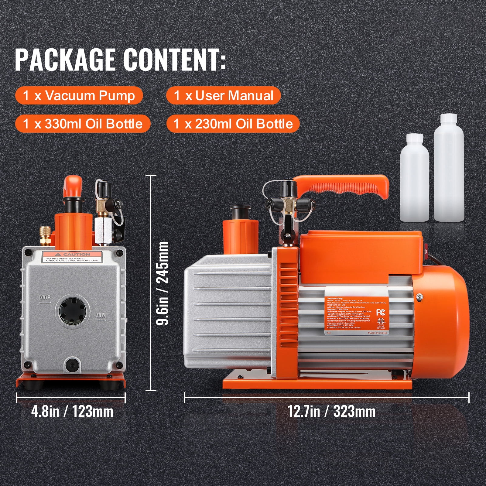 KFFKFF 1/2 HP 2 Stage Rotary Vane Vacuum Pump, 5 CFM, 115V Air Conditioning Vacuum Pump, 1/4" SAE Male 3/8" SAE Male 1/2" ACME Male Inlet, for HVAC Repair, Refrigeration Maintenance, Resin Degassing